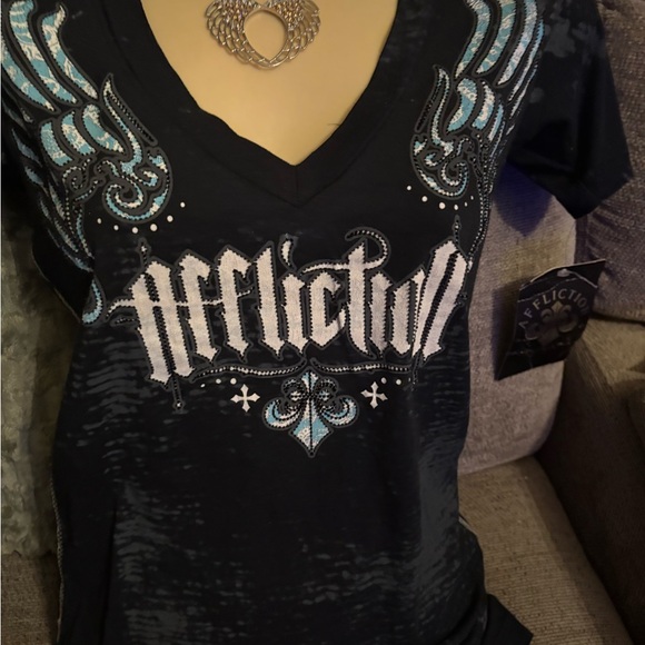 Affliction Women's Black and Blue Winged Tee - Picture 5 of 7